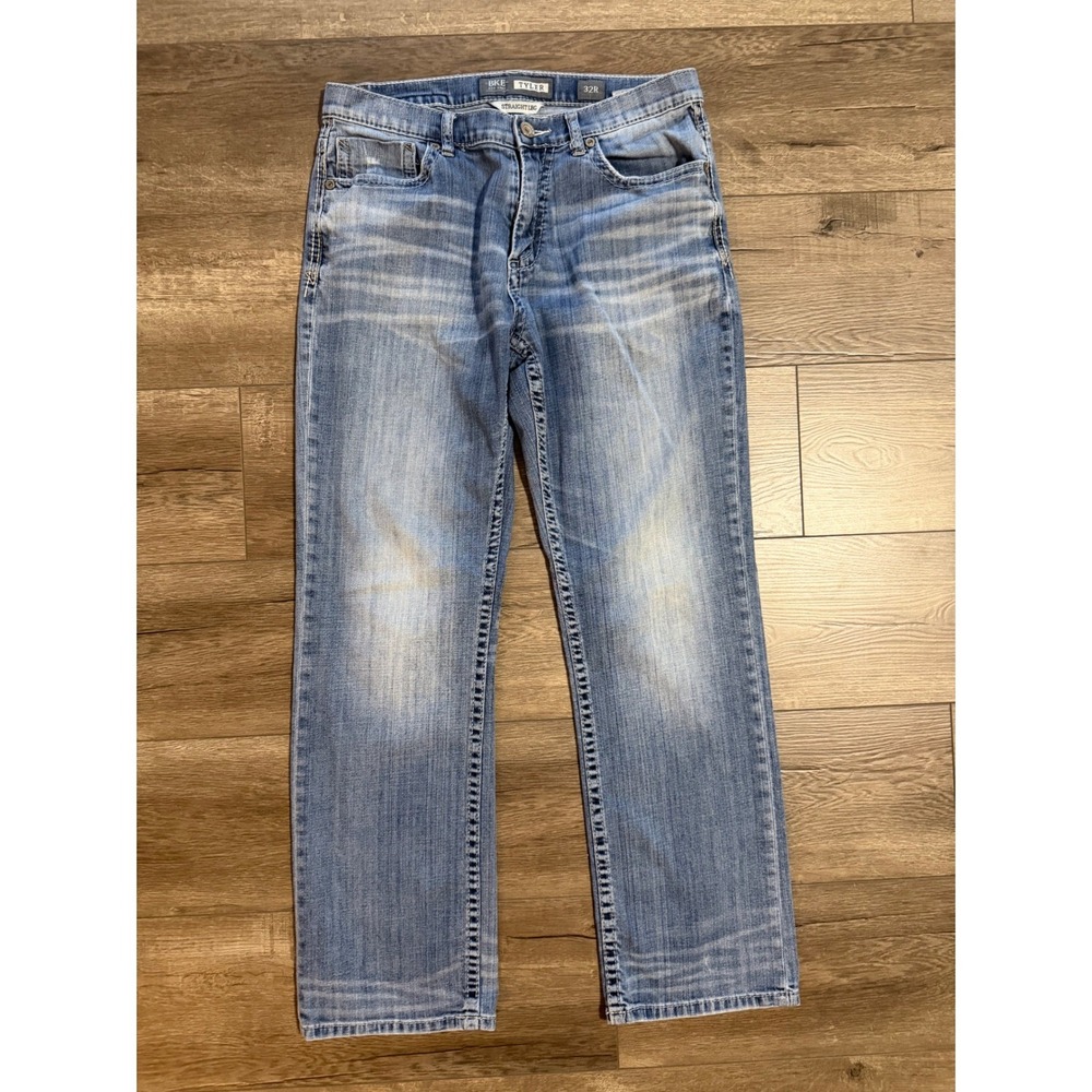 BKE Tyler Straight Leg Jeans Mens 32R Blue Distressed Denim Pants Light Wash